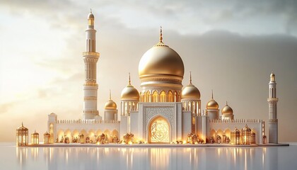 Obraz premium Luxurious golden mosque structures illuminated softly, ideal for Ramadan Kareem designs, and events celebrating Islamic culture with an elegant touch.
