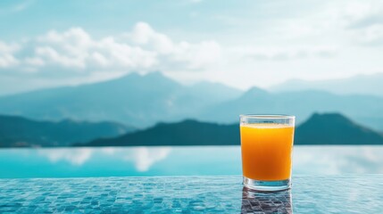 A glass of refreshing orange juice placed beside an infinity pool, offering a breathtaking view of mountains in the distance, perfect for relaxation.