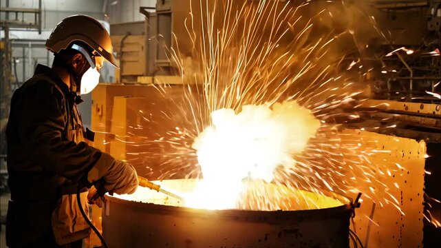 A man in a protective suit is working with molten metal. Concept of danger and risk, as the man is working with a potentially hazardous material with factory blur as background. The bright orange colo