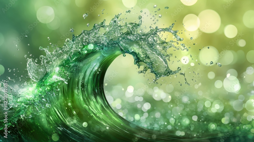 Poster A green wave splashing with droplets, set against a bokeh background, symbolizing the freshness and beauty of nature water elements.