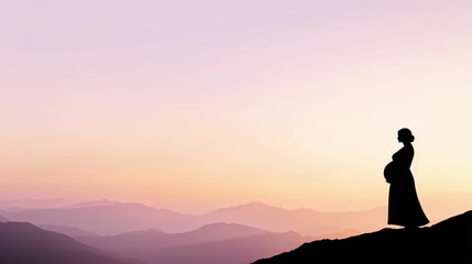 Silhouette of a pregnant woman on a mountain ridge at sunrise nature scene outdoor tranquil view expecting mother