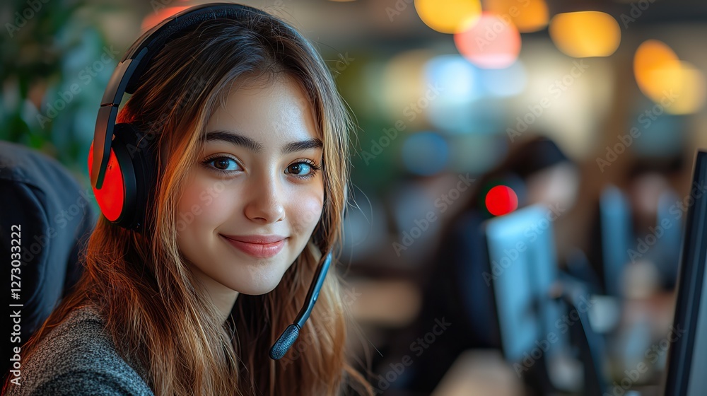 Poster professional customer service agent in modern call center providing friendly and efficient support s