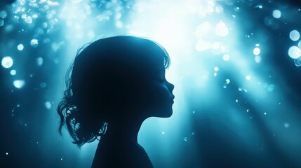 Obraz premium Child's silhouette illuminated by soft underwater light in ethereal environment surreal perspective for dreamlike imagery