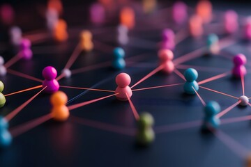Community, society and interaction : Abstract visual representation of social networks, colorful nodes and lines connecting people across different communities.