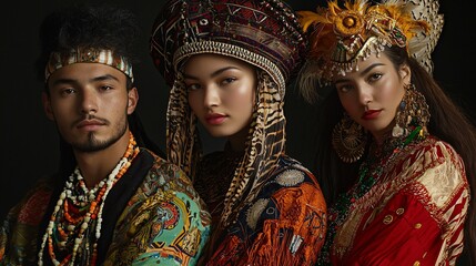 A captivating studio portrait features diverse individuals in traditional attire, representing the fusion and exchange of cultural identities in a global context.