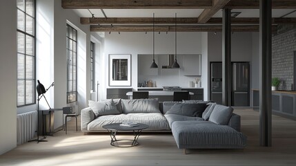 Modern loft apartment living room sunlit design