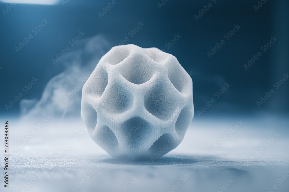 Poster futuristic 3d printed object with smoke and abstract honeycomb design