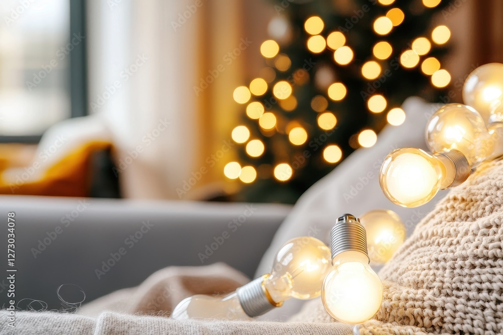 Aufkleber cozy holiday ambiance with warm string lights and blurred christmas tree background creating a festi