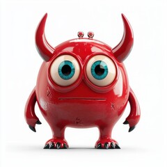 Fototapeta premium Three-eyed red monster with tiny horns isolated on white background