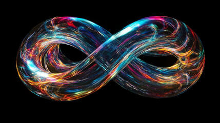 Endless Energy: Illuminated Infinity Symbol in Motion. A seamless metallic infinity loop with dynamic glowing streaks, floating in a high-tech, and immersive digital universe