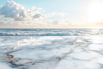 A serene view of calm ocean waves, reflecting sunlight on a polished marble surface, creating a tranquil atmosphere.