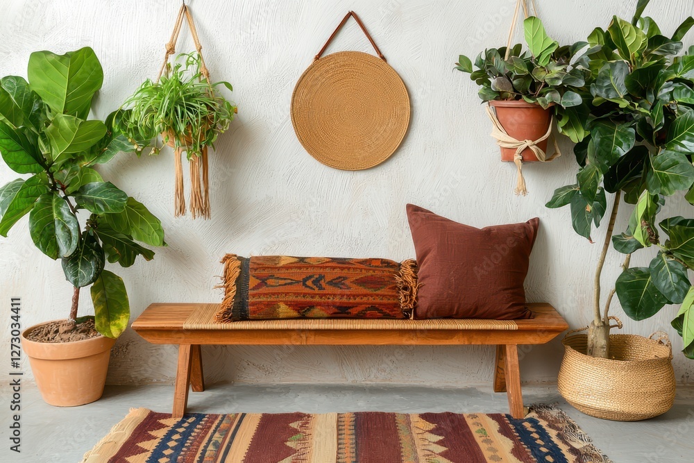 Poster serene indoor setting featuring a wooden bench adorned with cushions plants and a decorative woven r