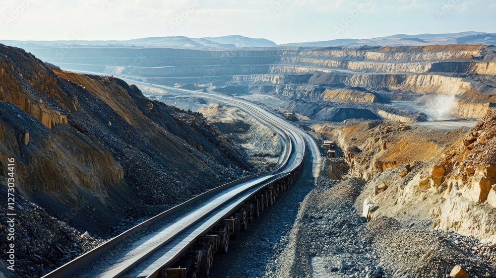 Aufkleber A high-angle view of rocks moving along a conveyor belt in a mining area, with the vast open pit and rugged terrain in the background.