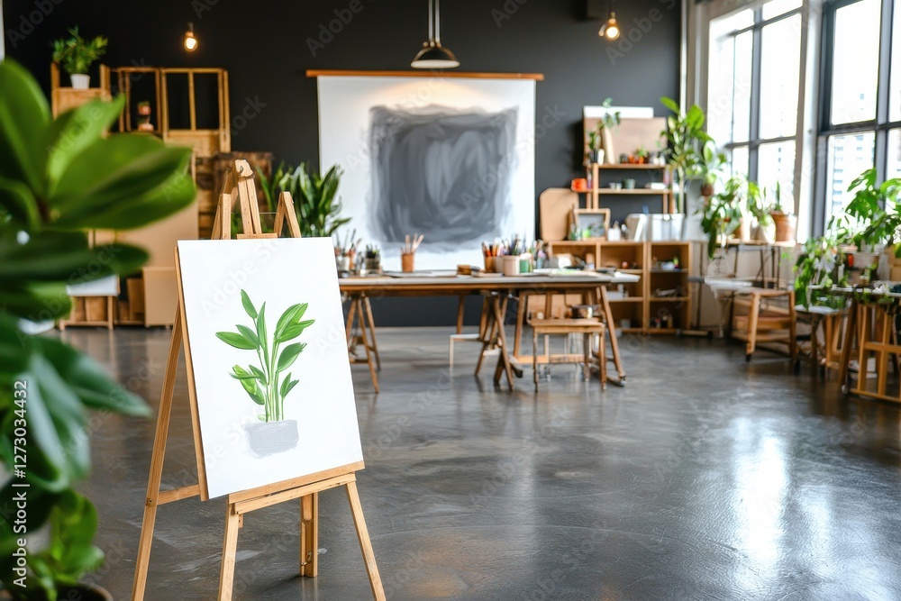 Aufkleber bright and inspiring artist studio with easel displaying plant artwork and creative workspace with n
