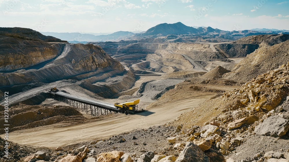 Poster A high-angle view of rocks moving along a conveyor belt in a mining area, with the vast open pit and rugged terrain in the background.