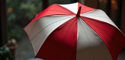 A vibrant red and white umbrella captured indoors, creating a warm and inviting atmosphere, perfect for seasonal or outdoor-themed designs.