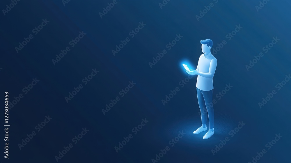 Poster a virtual ai assistant appearing as a glowing hologram, helping a user with tasks, high-tech ui