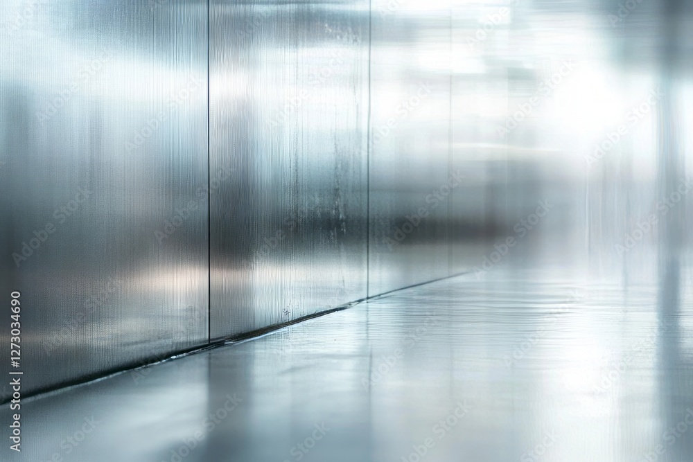 Poster abstract metallic interior with a smooth, reflective floor and soft light, creating a serene and mod