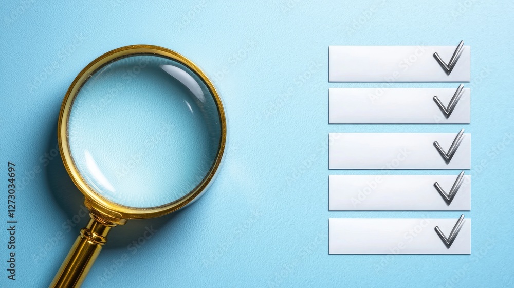 Poster magnifying glass over checklists office environment business documentation focused viewpoint quality