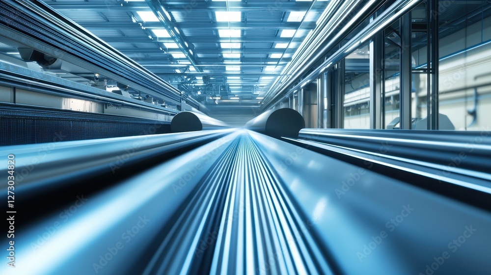 Poster industrial conveyor system perspective in a modern factory with blue tones and bright lighting creat