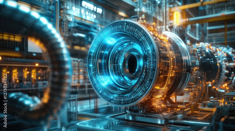 Poster a holographic engine rotating in a high-tech factory, surrounded by intricate details and illuminate