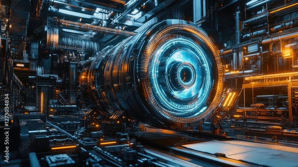 Poster a holographic engine rotating in a high-tech factory, surrounded by intricate details and illuminate
