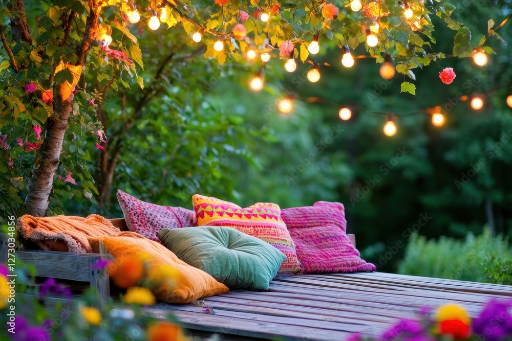 Fototapete enchanting garden retreat with glowing string lights above colorful pillows on a wooden deck creatin