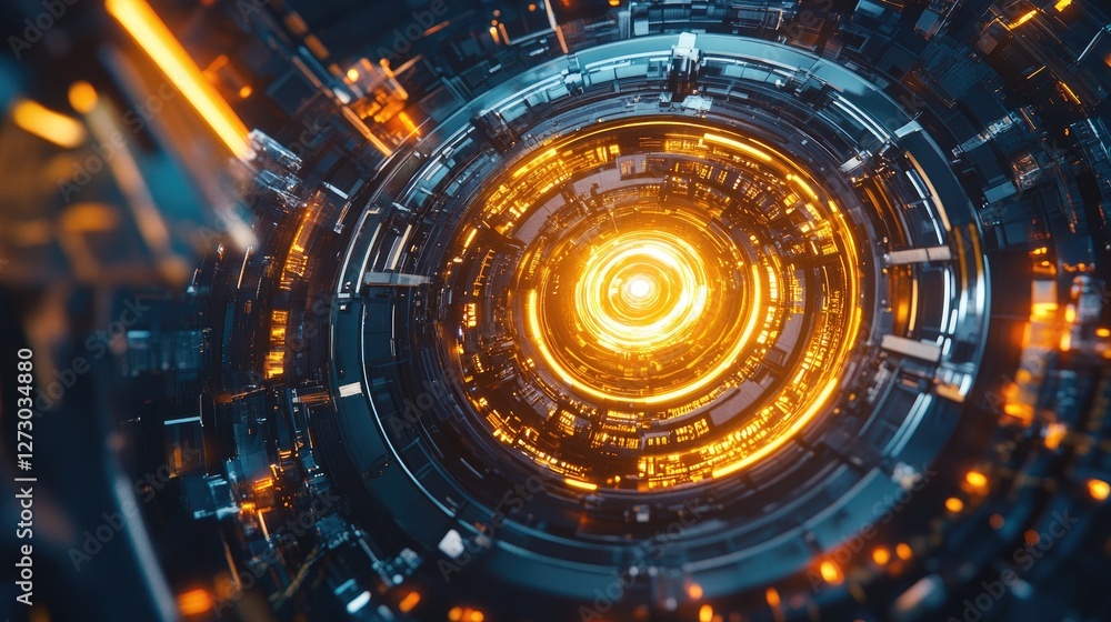 Poster a holographic engine rotating in a high-tech factory, surrounded by intricate details and illuminate