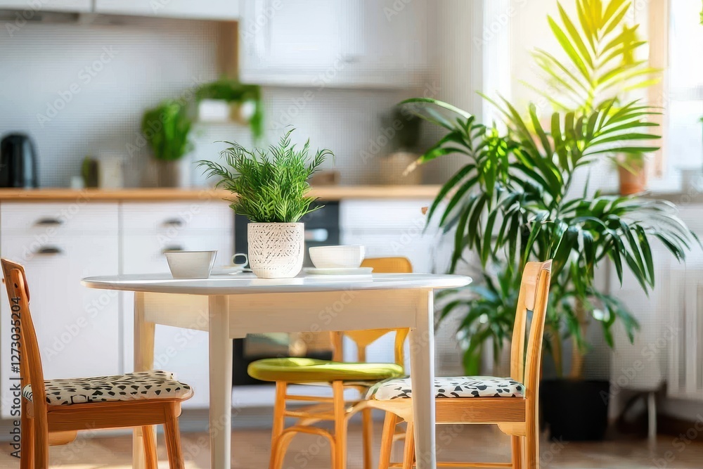 Poster serene kitchen interior featuring a round table adorned with a potted plant and minimalist tableware