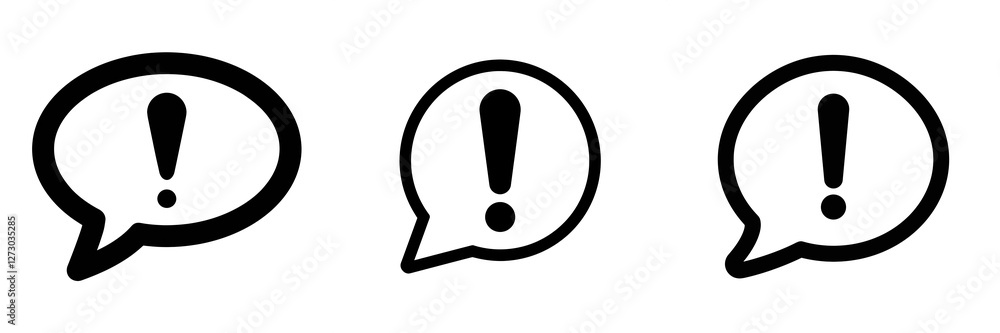 Poster set of alert icons showing exclamation mark inside speech bubbles, isolated on transparent backgroun