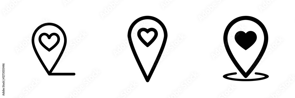 Aufkleber map pointers with heart shape inside showing favorite locations on transparent background