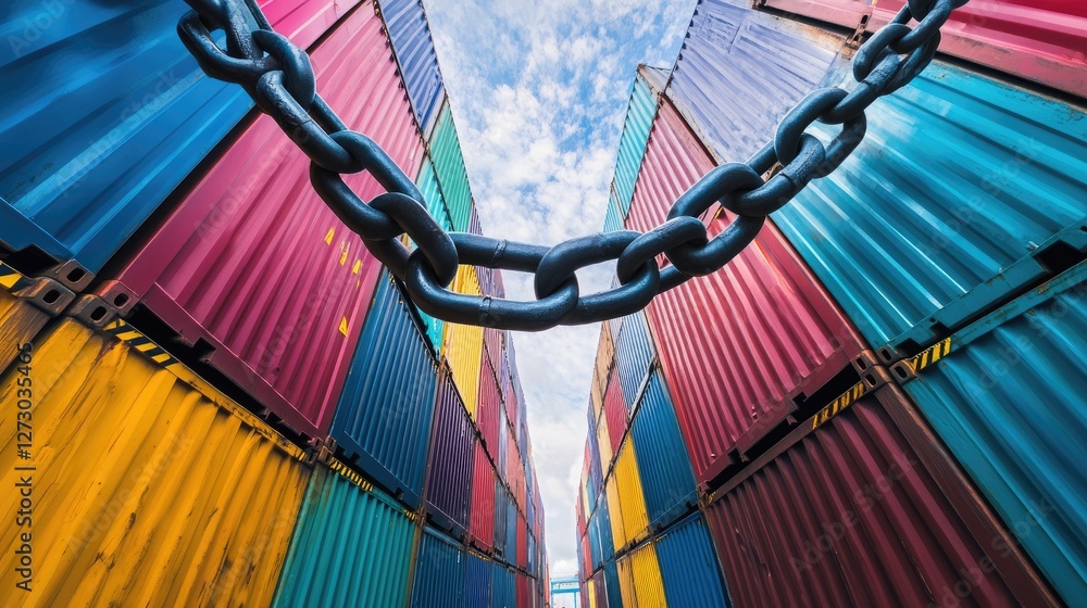 Poster a large chain blocking access between colorful cargo containers, symbolizing disruptions, sanctions,