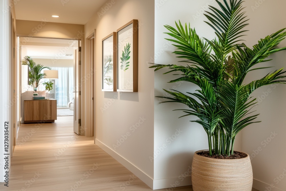 Poster Bright interior hallway with palm tree in a pot and botanical art prints creating a serene and inviting atmosphere with natural light and wooden floor