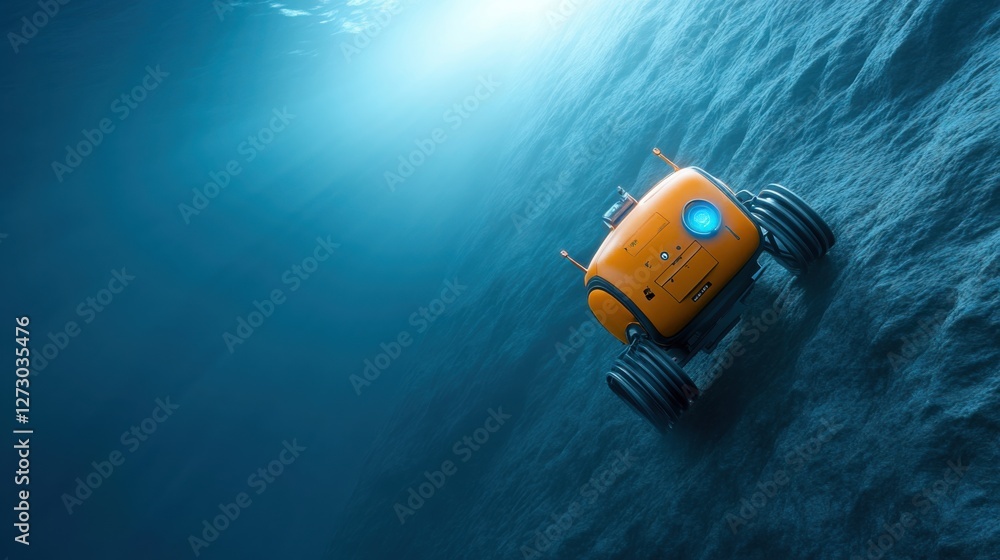 Poster ai-powered robots exploring a deep-sea trench, bioluminescent creatures glowing in the darkness