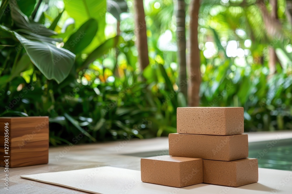 Poster serene balance with stacked bricks and wooden cube against lush tropical foliage in a tranquil spa s