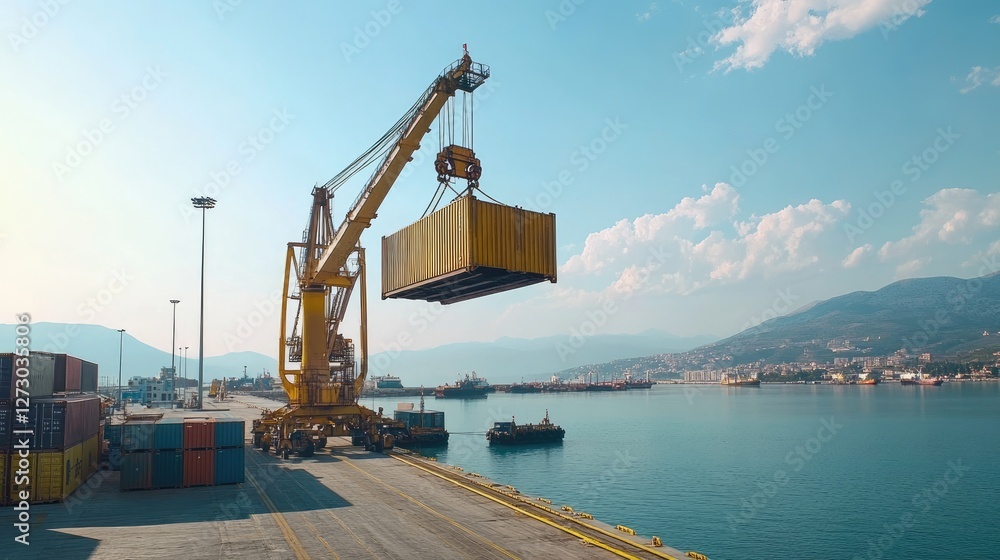 Poster a large crane lifting a cargo container at vlore seaport in albania, highlighting the bustling port 