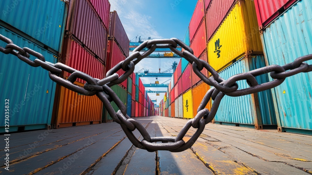 Poster A large metal chain obstructing access between colorful cargo containers, representing the effects of trade wars and sanctions on global trade and logistics.