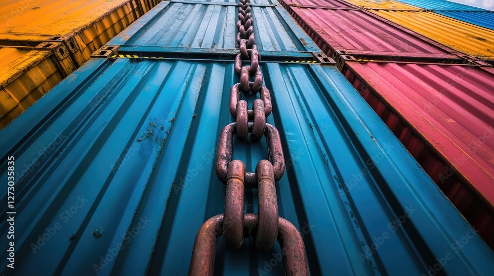Poster A large metal chain obstructing access between colorful cargo containers, representing the effects of trade wars and sanctions on global trade and logistics.