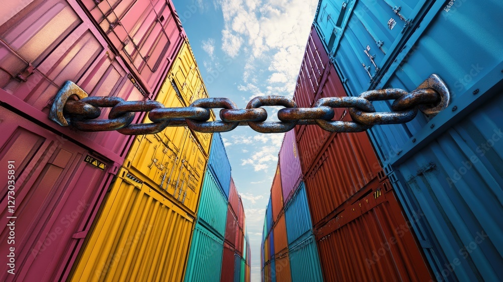 Poster A large metal chain obstructing access between colorful cargo containers, representing the effects of trade wars and sanctions on global trade and logistics.