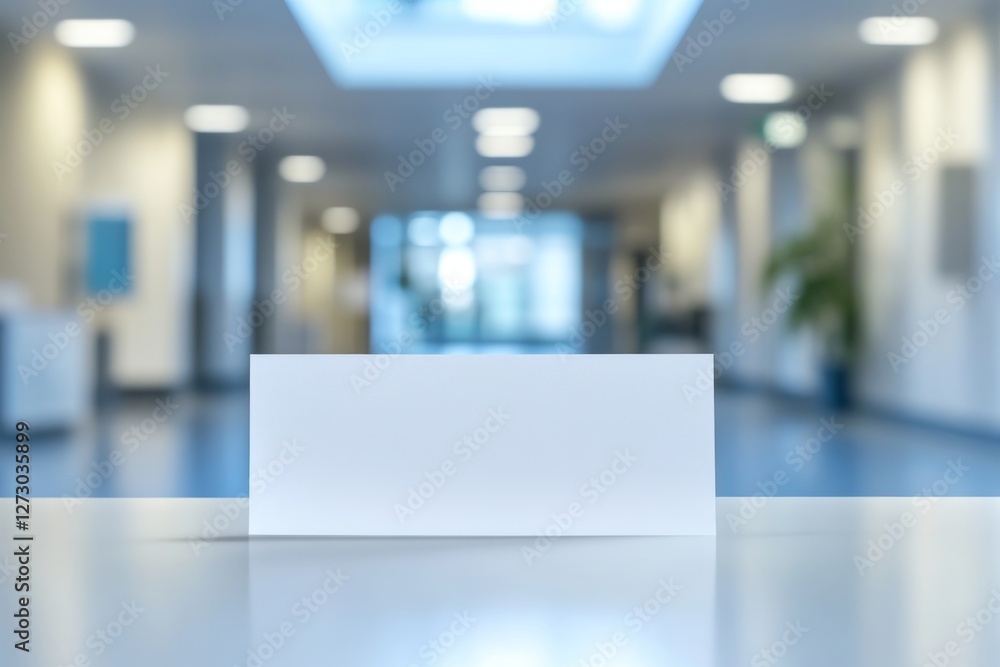 Poster a blank white card sits on a table against a softly blurred office background, creating an atmospher