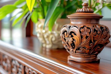 Intricate Carved Wooden Vase with Floral Design on Polished Wooden Surface Capturing Artistic Detail and Warm Tones
