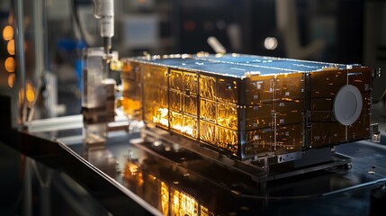 Advanced solar-flare-resistant satellites are tested in a high-tech lab, demonstrating their durability and innovative design against cosmic challenges.