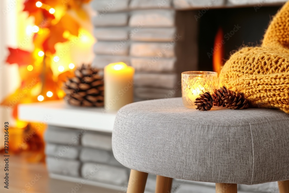 Aufkleber cozy autumnal ambiance fireplace setting with candlelight and pinecones on a gray stool creating a w