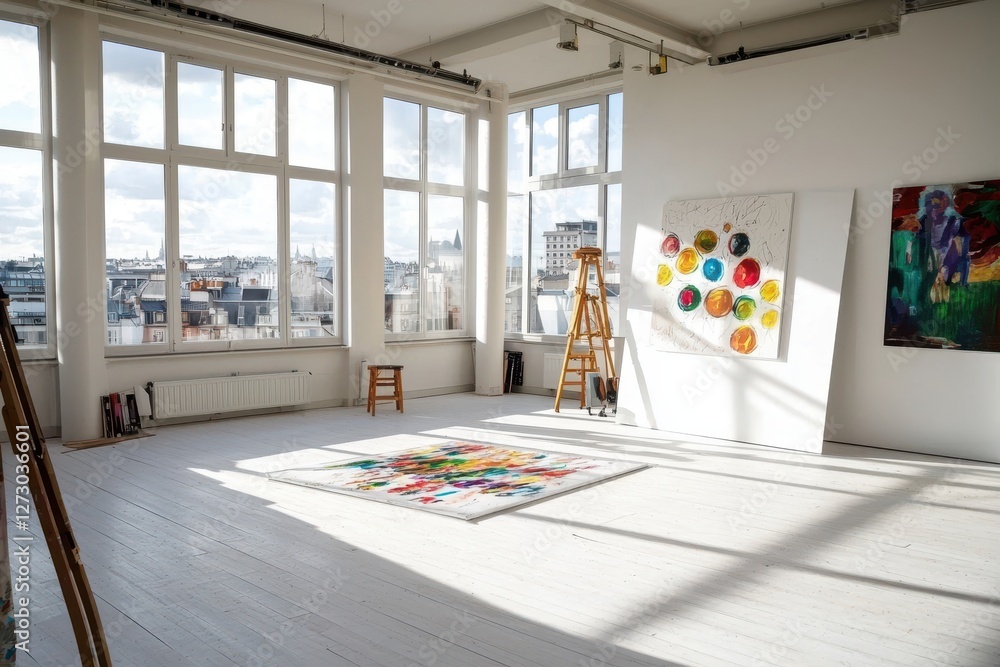 Poster bright and spacious artist studio filled with natural light featuring colorful abstract art and city