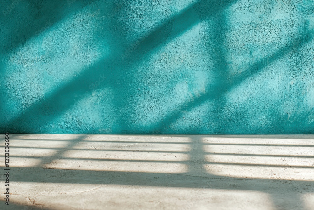 Aufkleber Turquoise textured wall with sunlight through window casting shadows on floor creating a serene and inviting space ideal for interior design and background use
