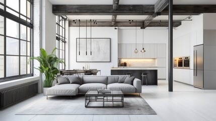 Modern loft apartment interior design, open-plan living space