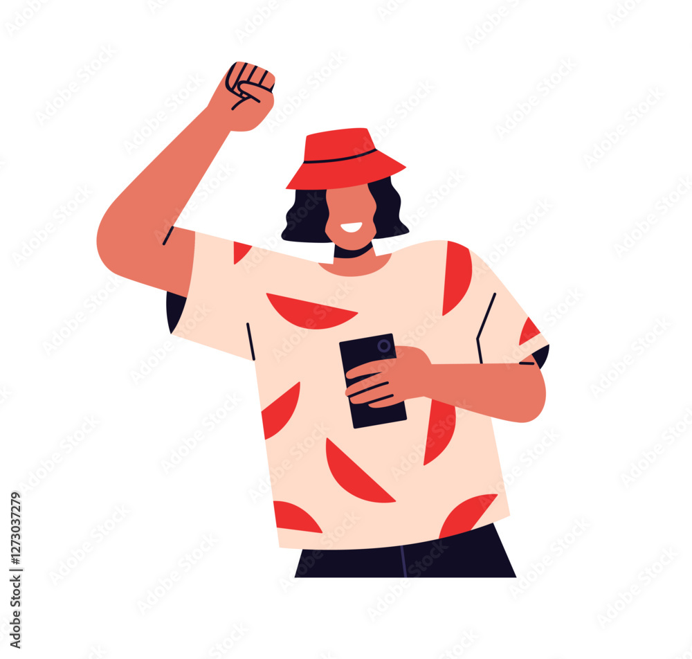 Poster happy person dancing with smartphone in hand. excited smiling character holding, looking on mobile p
