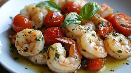 A delicious dish of shrimp sautéed with cherry tomatoes and basil in olive oil.