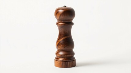 Elegant wooden pepper mill crafted from rich wood with a polished finish, perfect for culinary and kitchenware visuals.