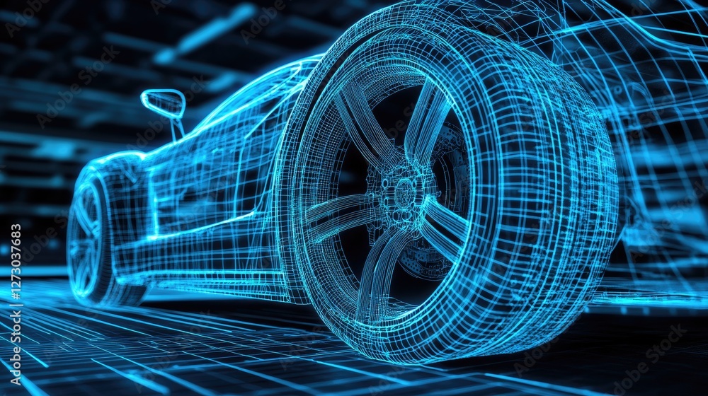 Aufkleber a modern automotive blueprint with a holographic projection of a wireframe tire and other parts, sym